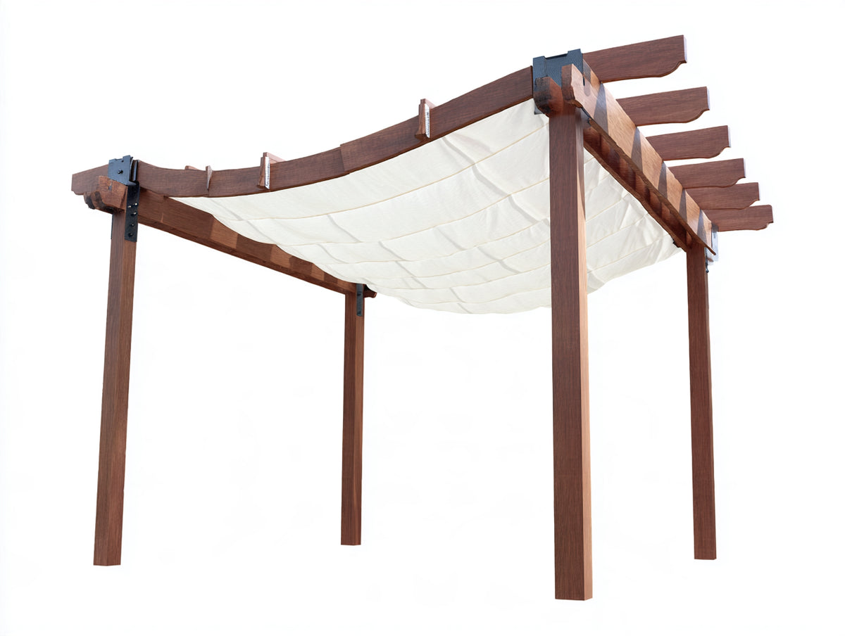 Pérgola de jardín de madera 350 x 300 x 250 cm - marrón oscuro y blanco - cubierta textil retráctil