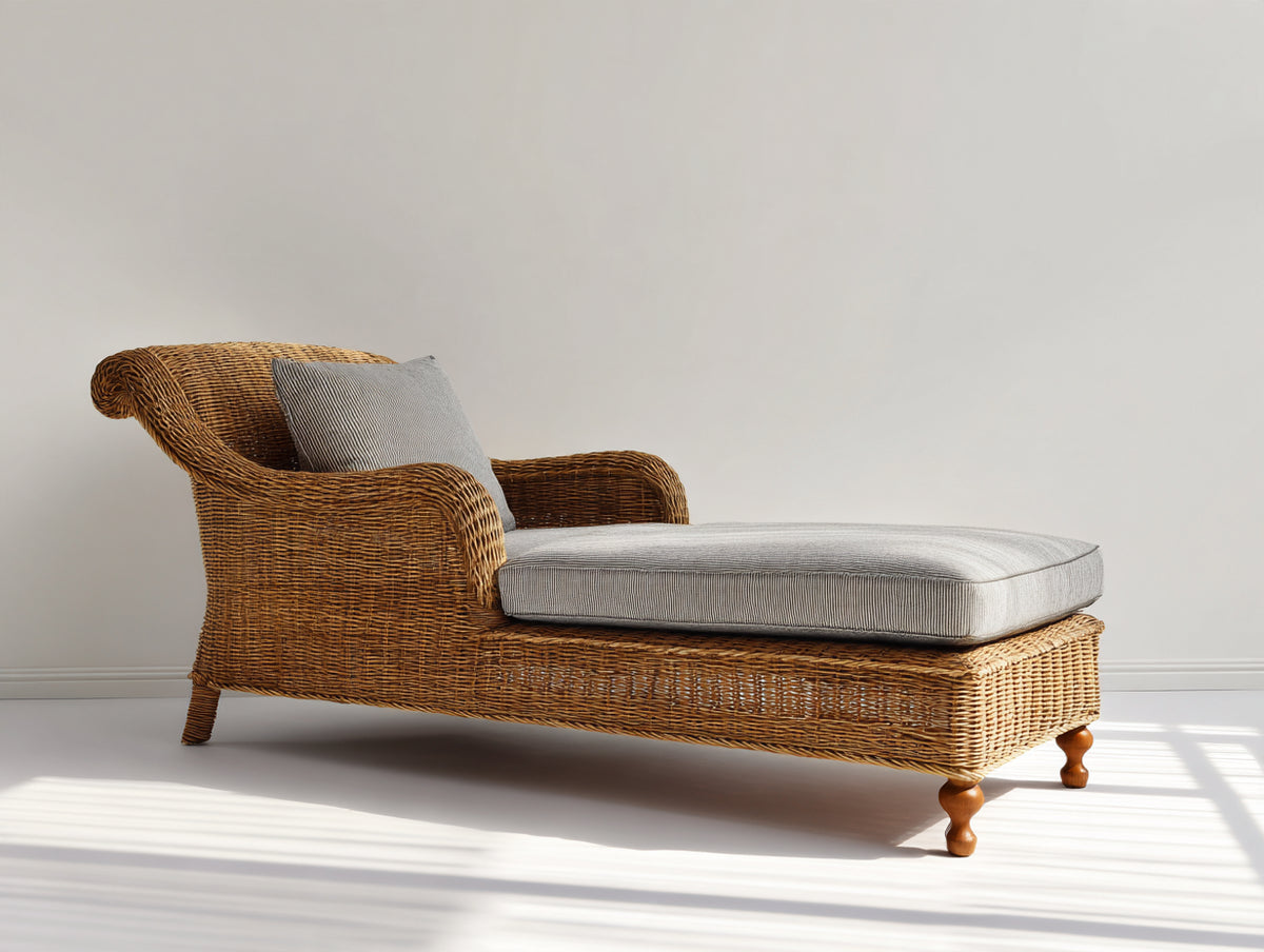 Tumbona de ratán 170x70x85 cm - marrón y gris claro - diseño alargado con respaldo envolvente para terraza y jardín