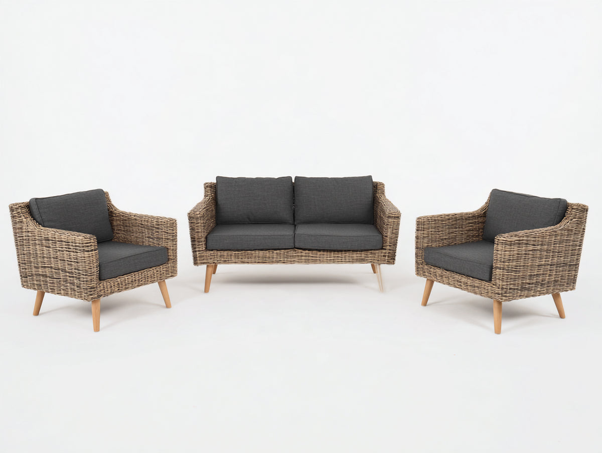 Sofás de exterior de ratán 150 x 75 x 80 cm - marrón natural-gris oscuro - conjunto de 3 piezas para jardín