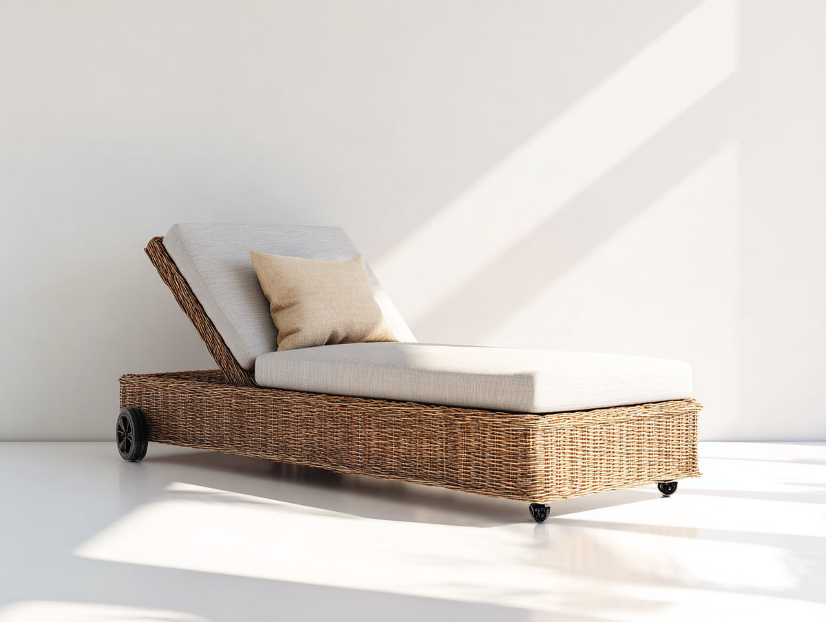 Tumbona de ratán 200x70x85 cm - Marrón claro y blanco - Respaldo reclinable con ruedas para jardín y terraza