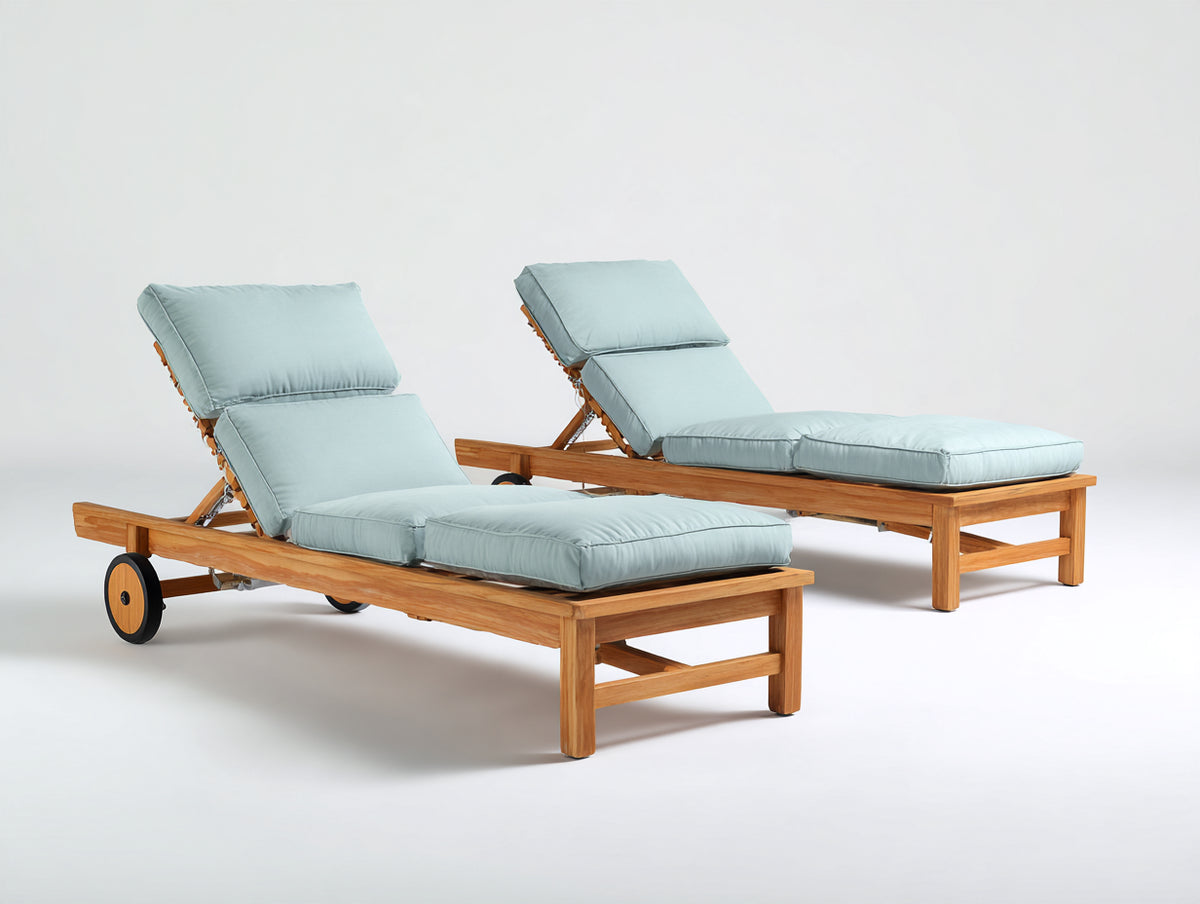 Tumbonas de madera 205 x 78 x 92 cm - azul claro y madera natural - juego de 2 con respaldo regulable y ruedas