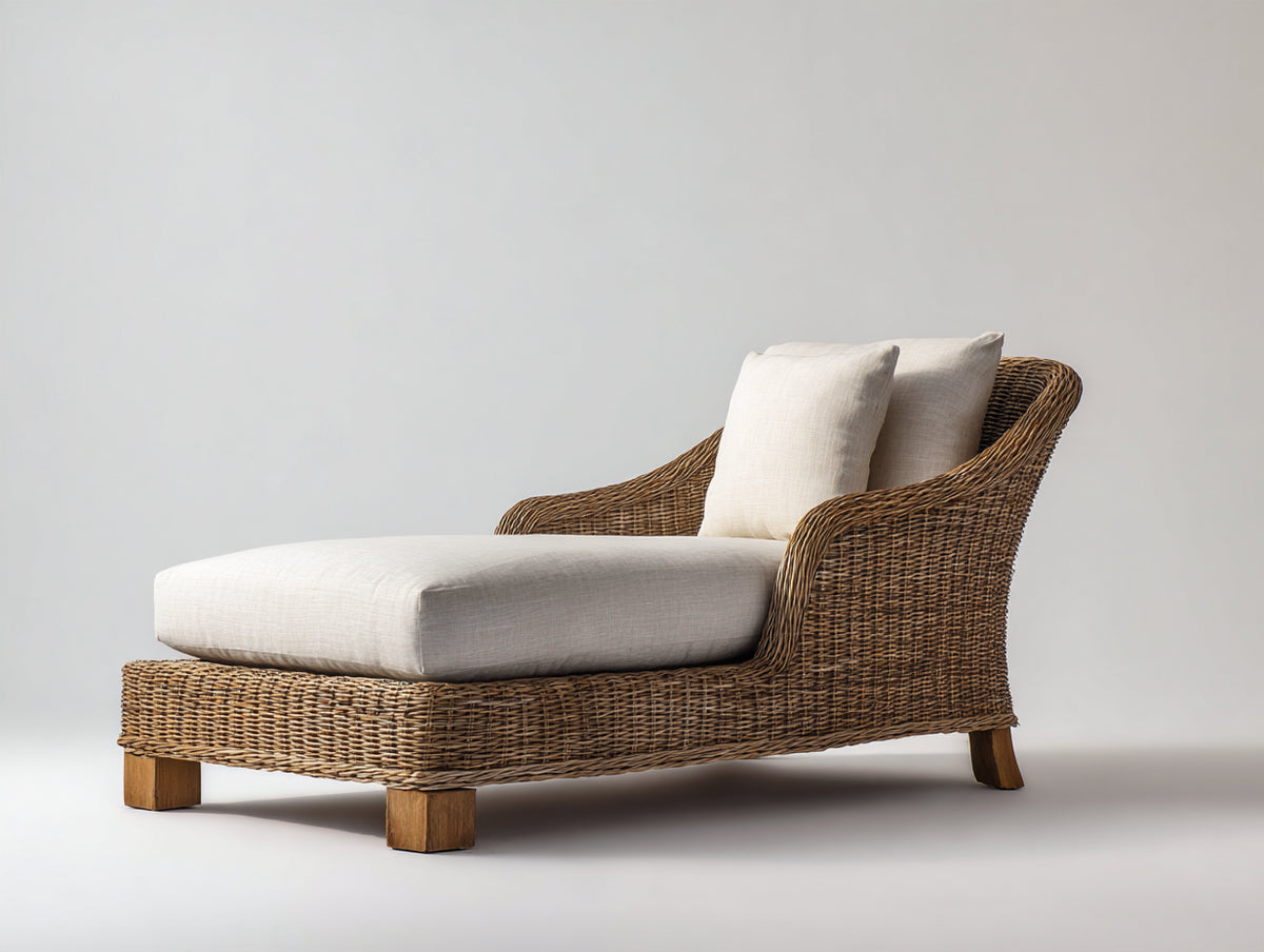 Tumbona de ratán 165x75x90 cm - marrón y beige - diseño alargado con respaldo envolvente para terraza y jardín