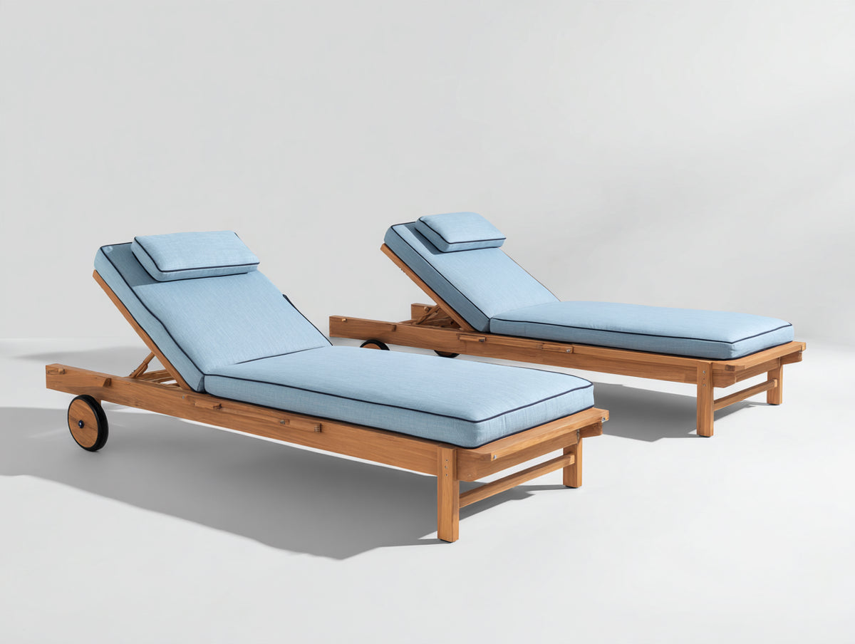 Tumbonas de madera 205 x 78 x 90 cm - azul claro y madera natural - juego de 2 con respaldo regulable y ruedas