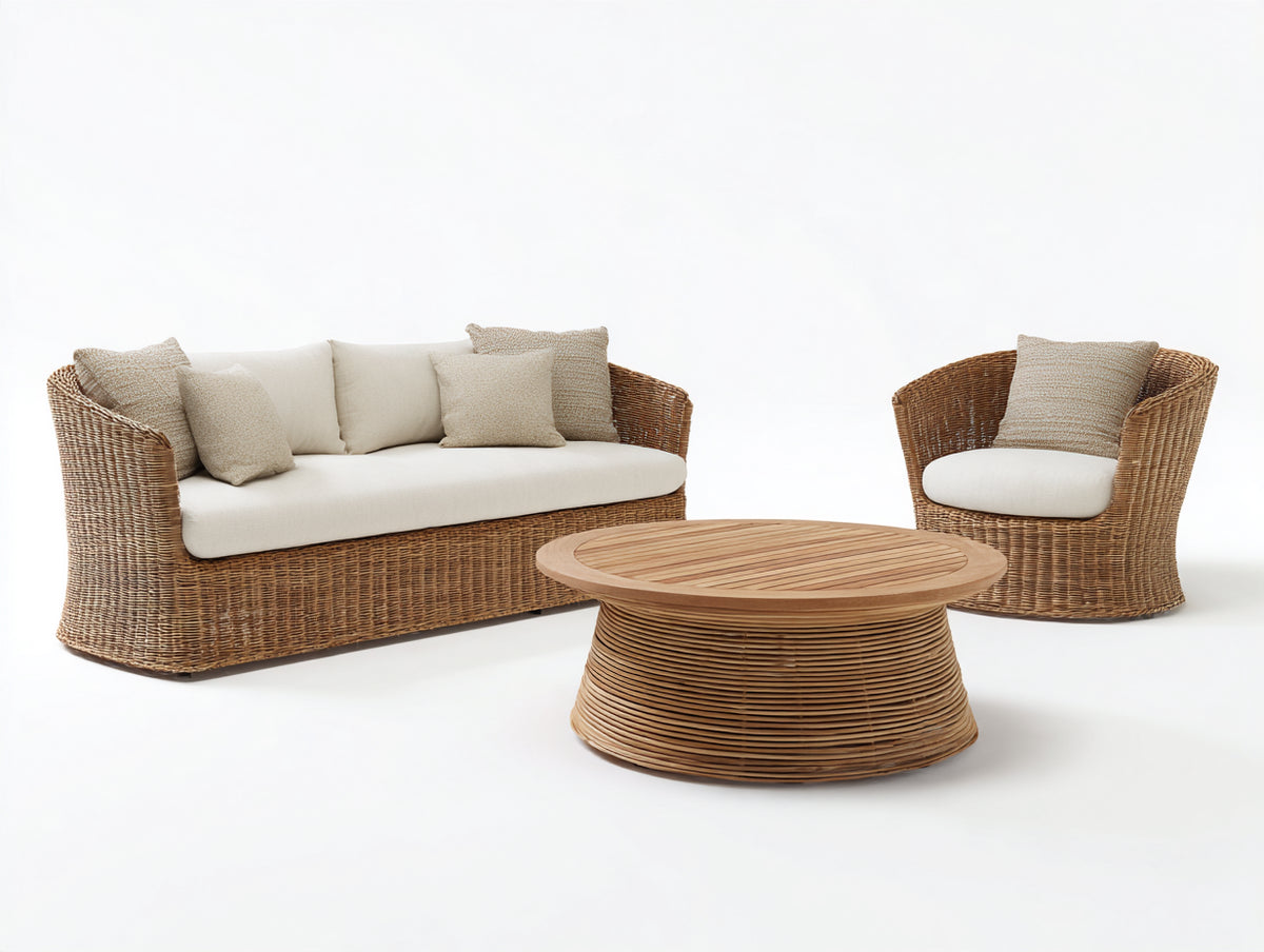 Sofás de exterior de ratán 210x80x78 cm - Marrón y crema - Con sillón y mesa redonda
