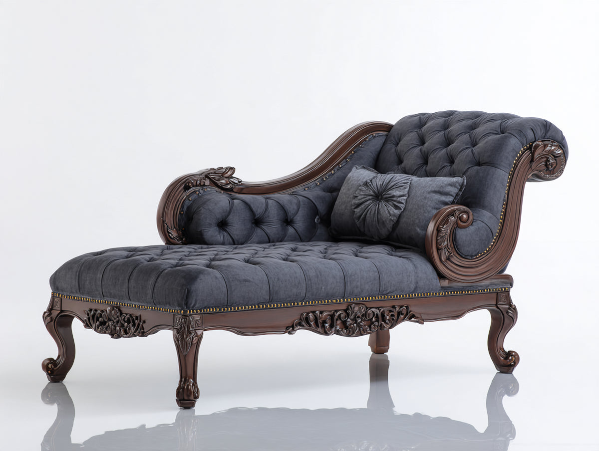Chaise longue tapizada 190x90x105 cm - Gris antracita y marrón oscuro - Diseño clásico capitoné con madera tallada