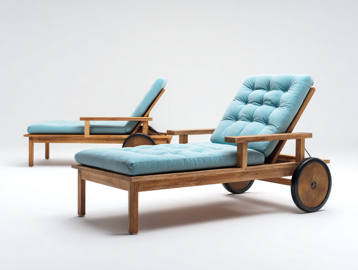 Tumbonas de madera 205 x 82 x 95 cm - azul claro y madera natural - juego de 2 con respaldo regulable reposabrazos y ruedas