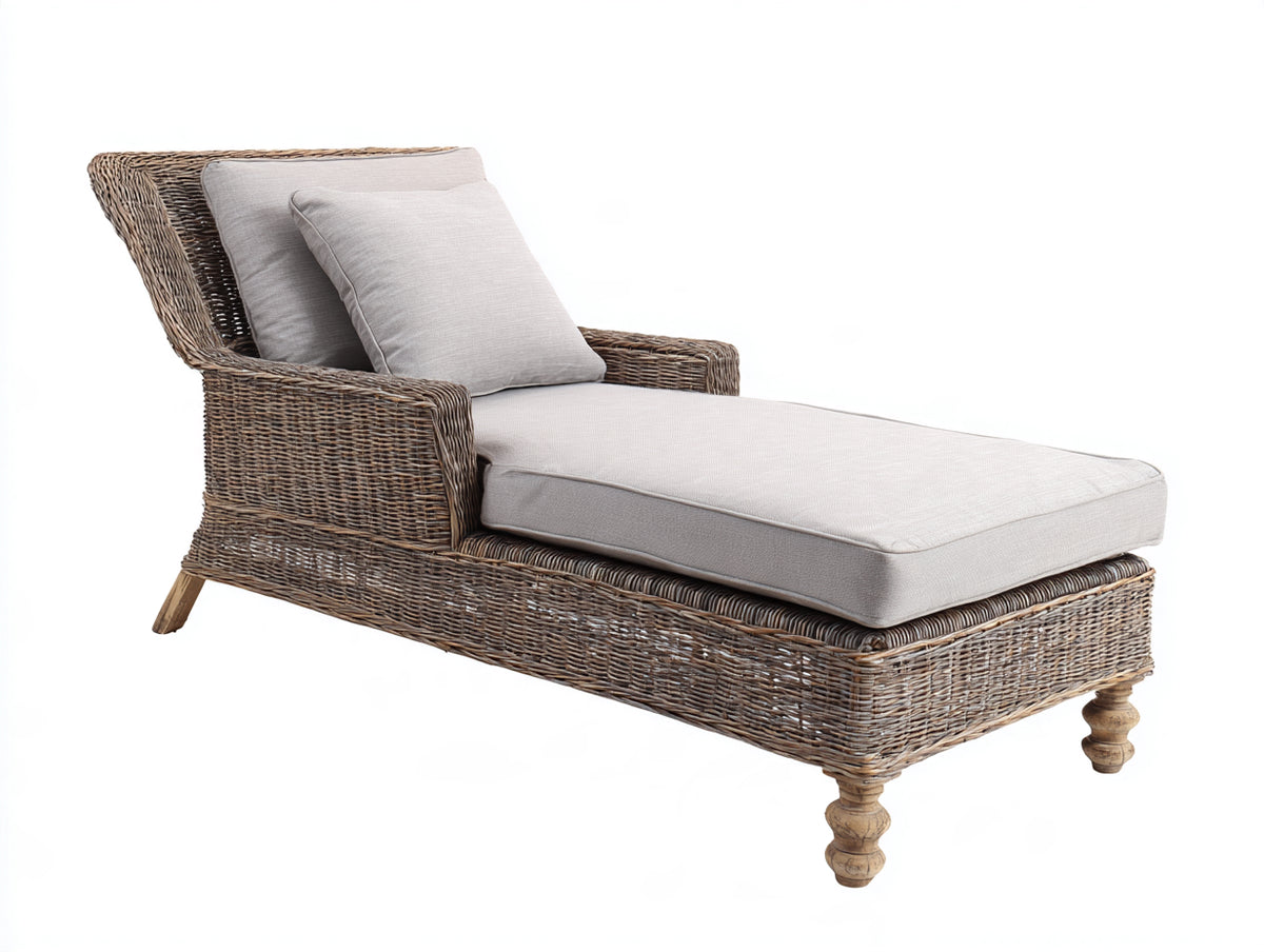 Tumbona de ratán 190x78x88 cm - Marrón grisáceo y beige - Diseño clásico con reposabrazos