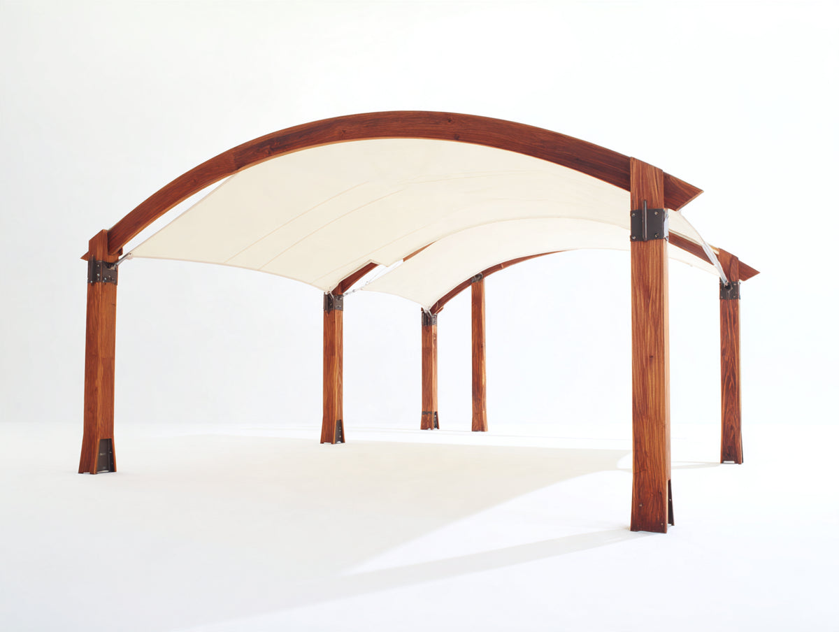 Pérgola de jardín de madera 400x300x250 cm - Marrón y blanco - Techo textil curvo