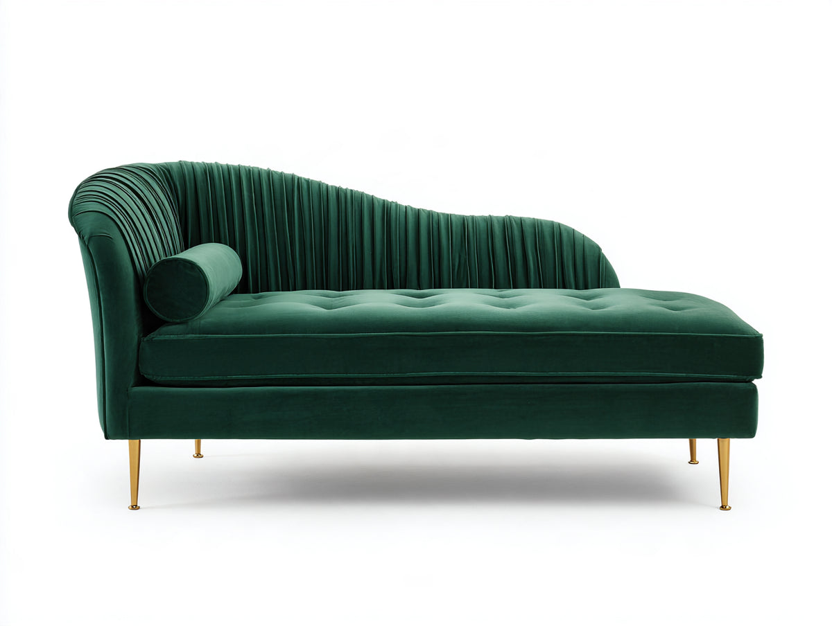Chaise longue de terciopelo 180 x 82 x 88 cm - verde esmeralda y dorado - respaldo curvo con tapizado acanalado