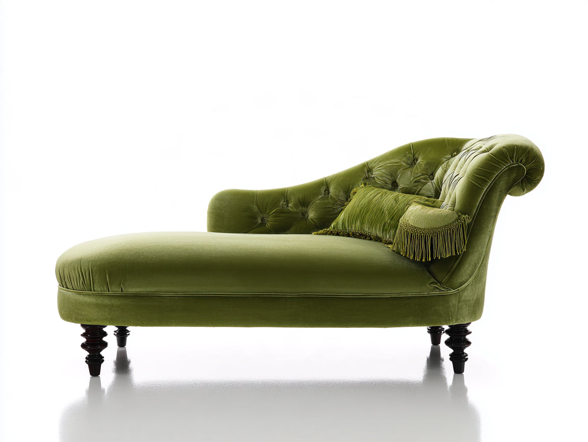 Chaise longue tapizada 175x80x90 cm - verde oliva - diseño capitoné con respaldo curvo y patas de madera para salón