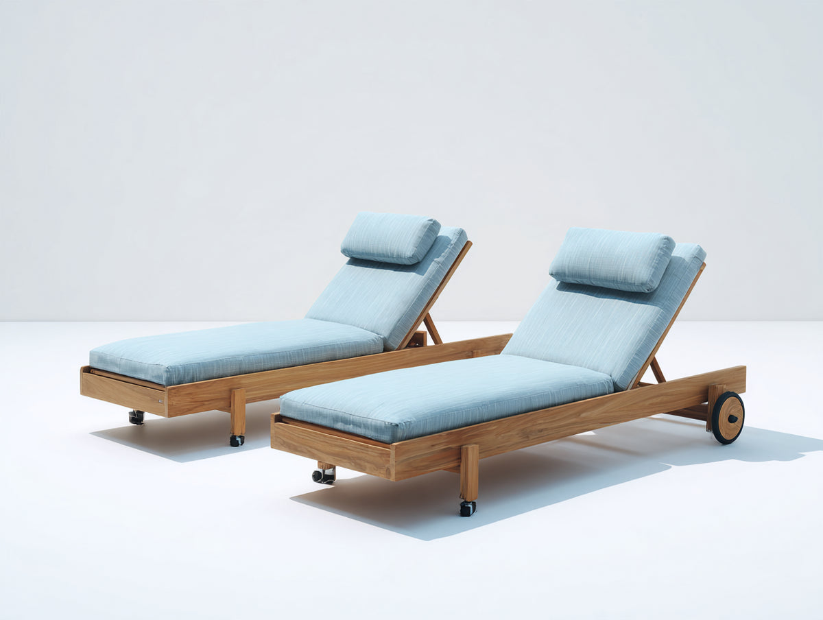 Tumbonas de madera 200 x 75 x 95 cm - azul claro y madera natural - juego de 2 con respaldo regulable y ruedas