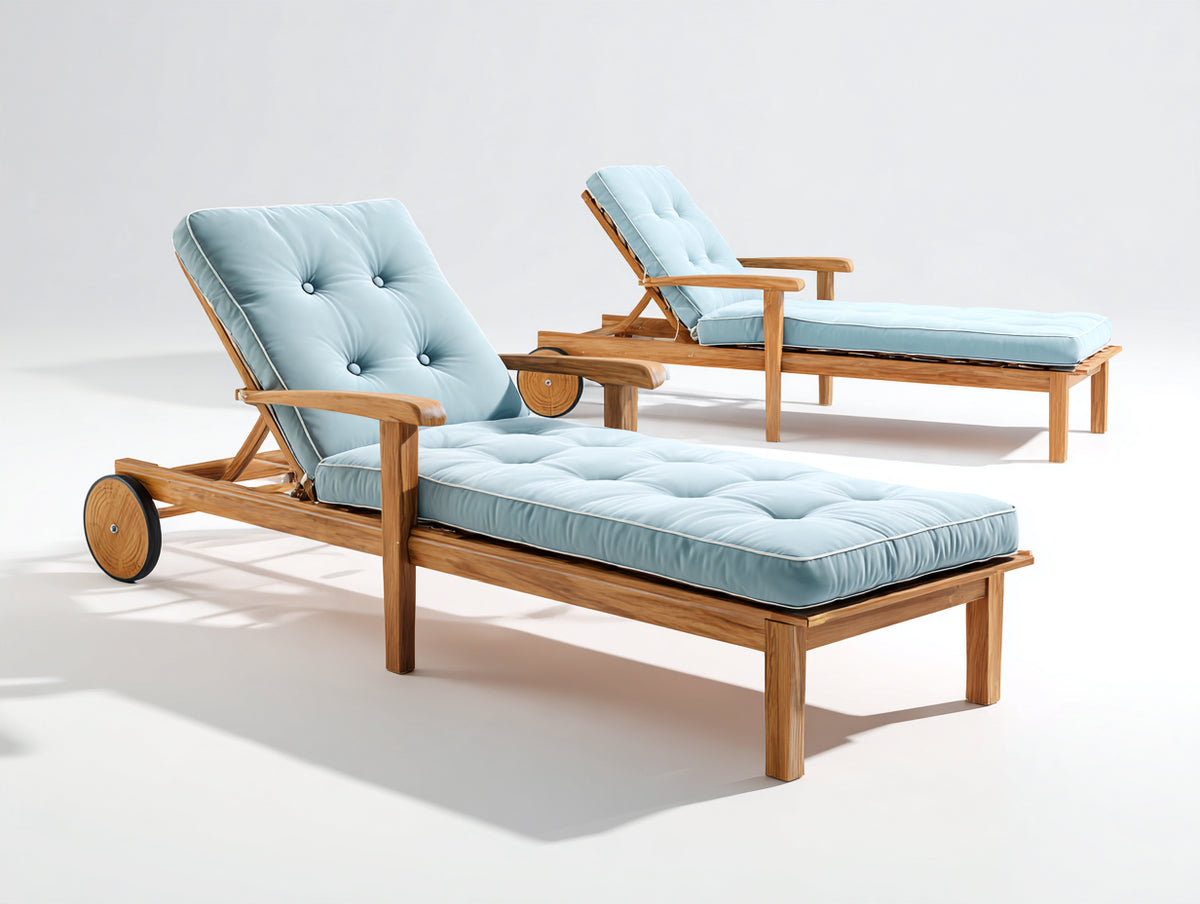 Tumbonas de madera 200 x 75 x 95 cm - marrón natural-azul claro - conjunto de 2 con respaldo reclinable y ruedas para exterior