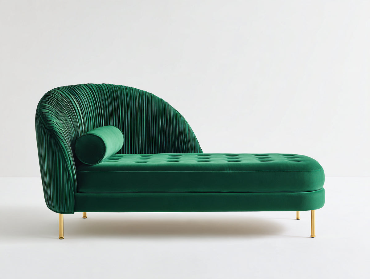 Chaise longue de terciopelo 175x75x85 cm - Verde oscuro y dorado - Diseño curvo para salón y zona de descanso