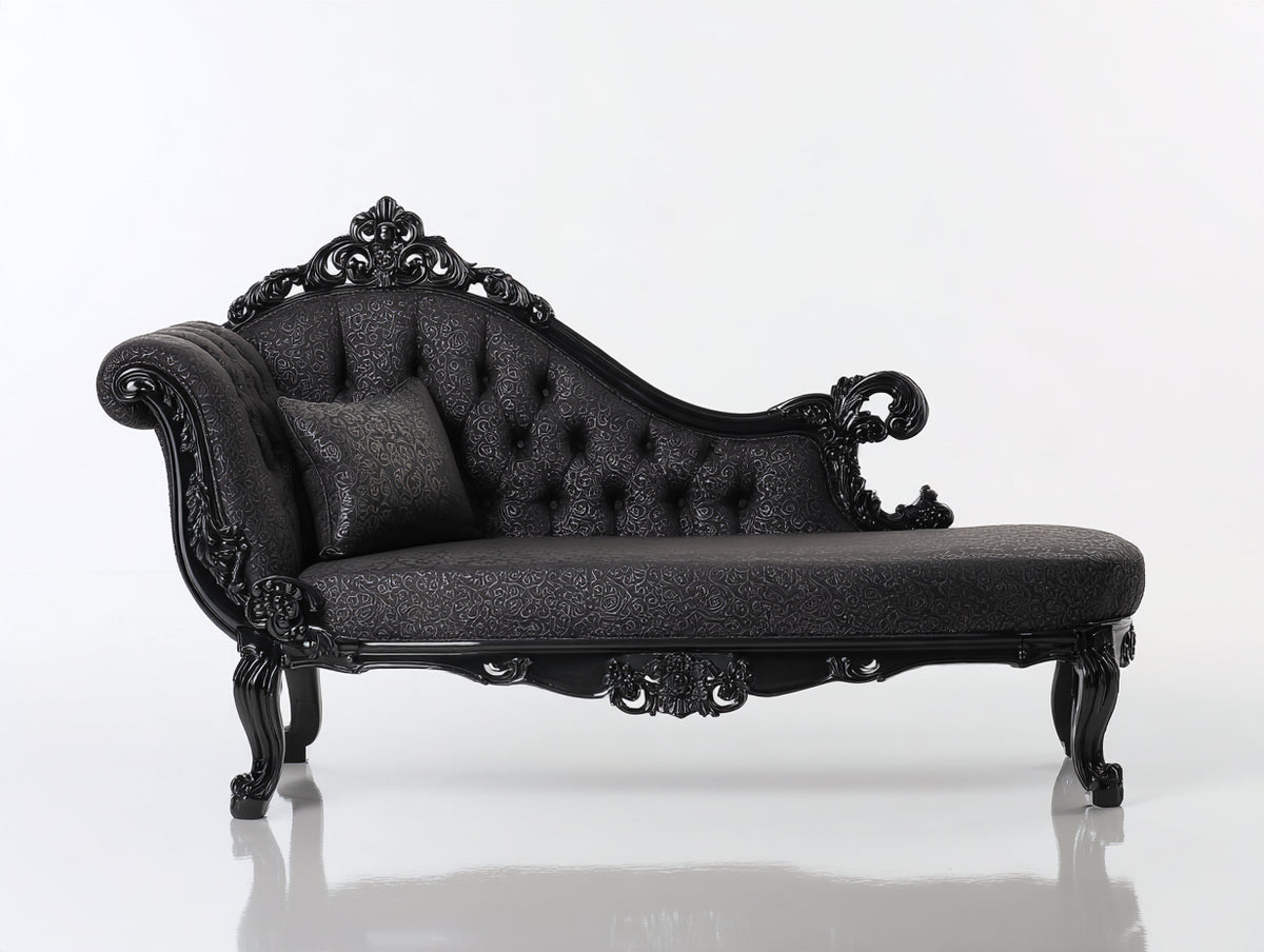 Chaise longue de madera y tejido 185x80x105 cm - Negro - Diseño clásico tallado para salón y dormitorio