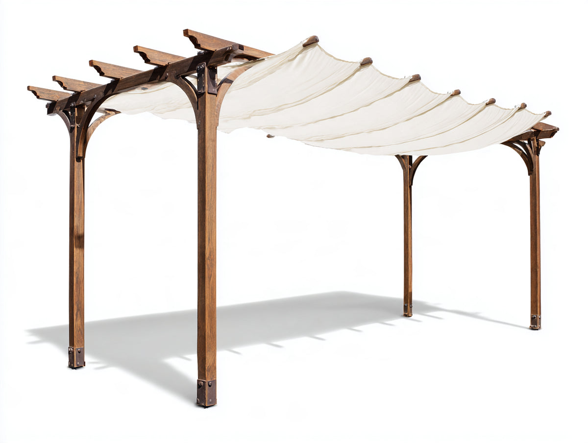 Pérgola de jardín de madera con toldo textil 400x300x250 cm - marrón y blanco - estructura rectangular de cuatro postes para terraza y jardín