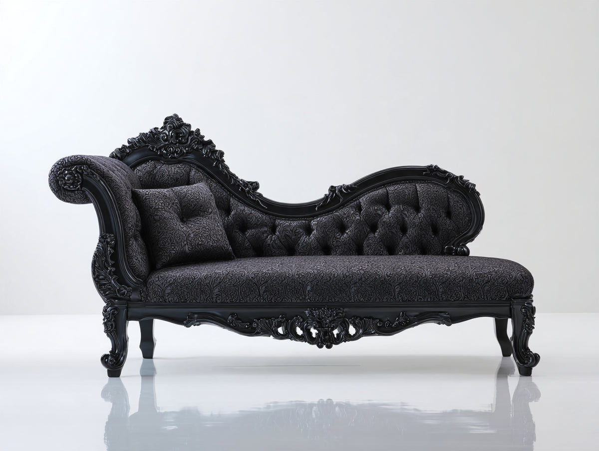 Chaise longue tapizada 190 x 82 x 105 cm - negro-gris oscuro - diseño capitoné clásico con estructura ornamentada