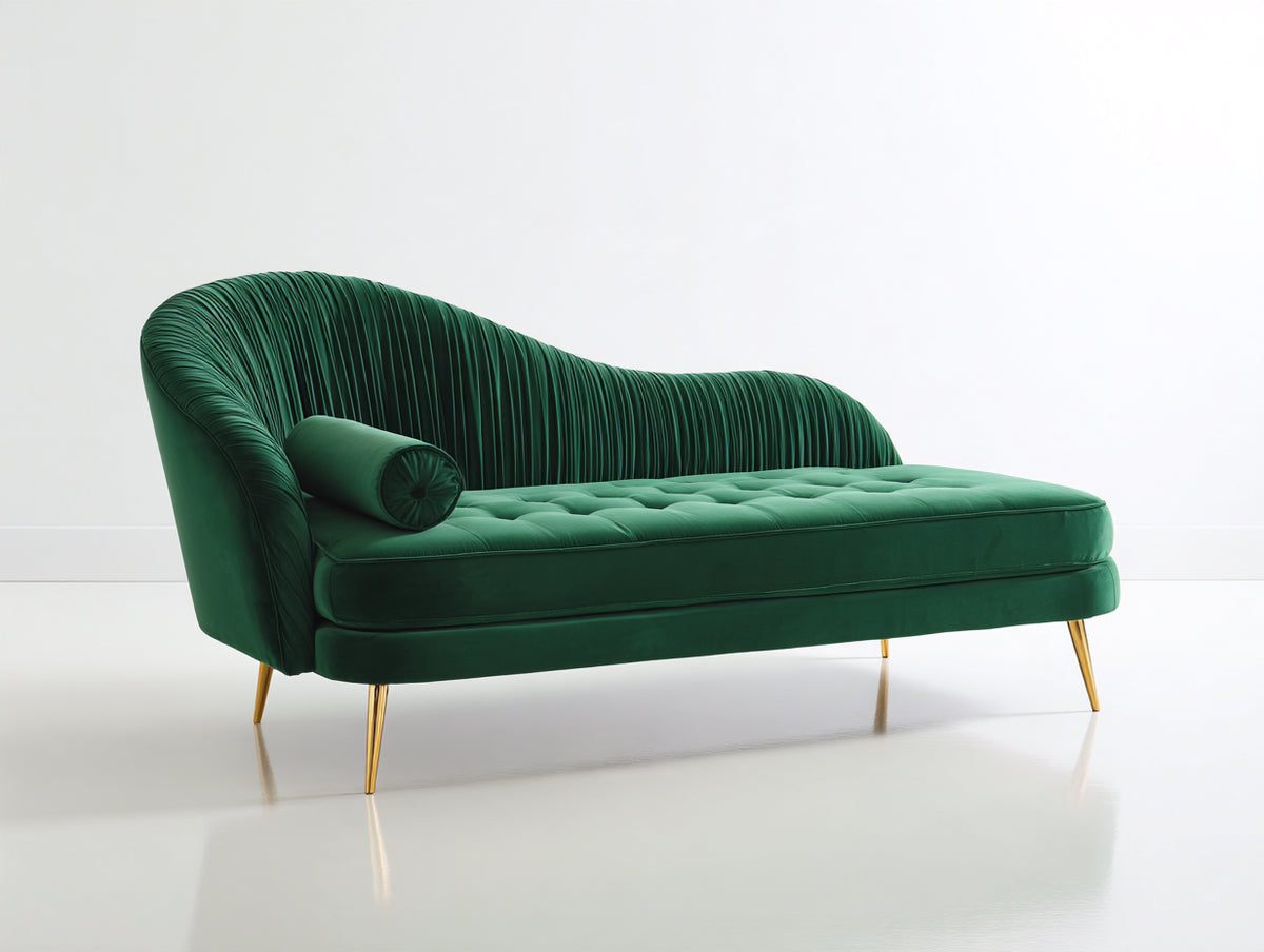 Chaise longue tapizada 180x80x85 cm - verde oscuro - diseño curvo con asiento capitoné y patas metálicas para salón