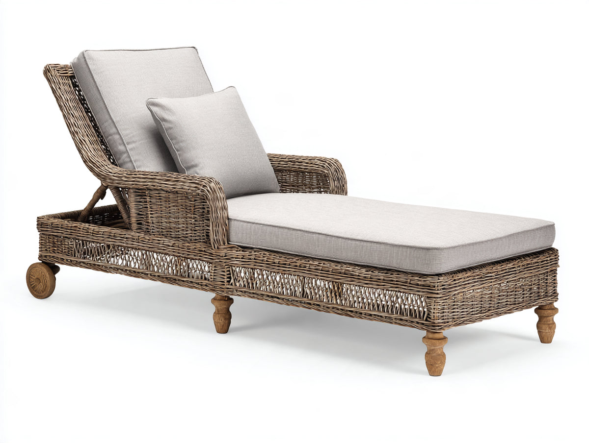 Tumbona de ratán 200 x 80 x 100 cm - marrón natural-beige - respaldo reclinado y ruedas para exterior