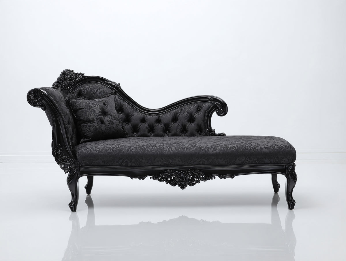 Chaise longue tapizada 180 x 78 x 92 cm - negro - diseño clásico con capitoné y estructura ornamentada