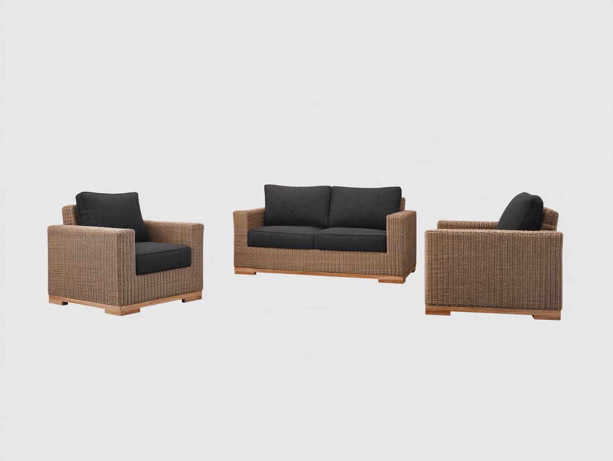Sofás de exterior de poliratán 160 x 82 x 80 cm - marrón y negro - conjunto de 3 piezas para jardín