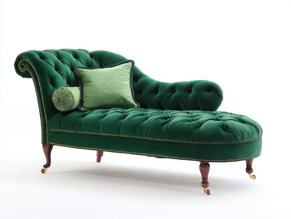 Chaise longue tapizada 195x90x100 cm - Verde esmeralda - Diseño clásico capitoné con remaches dorados
