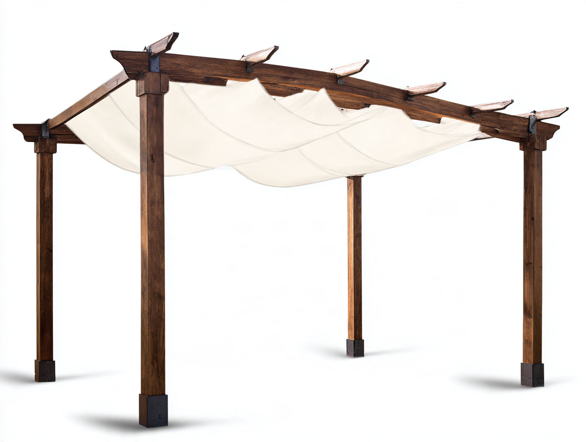 Pérgola de jardín de madera 400x300x250 cm - Marrón y blanco - Techo textil ondulado