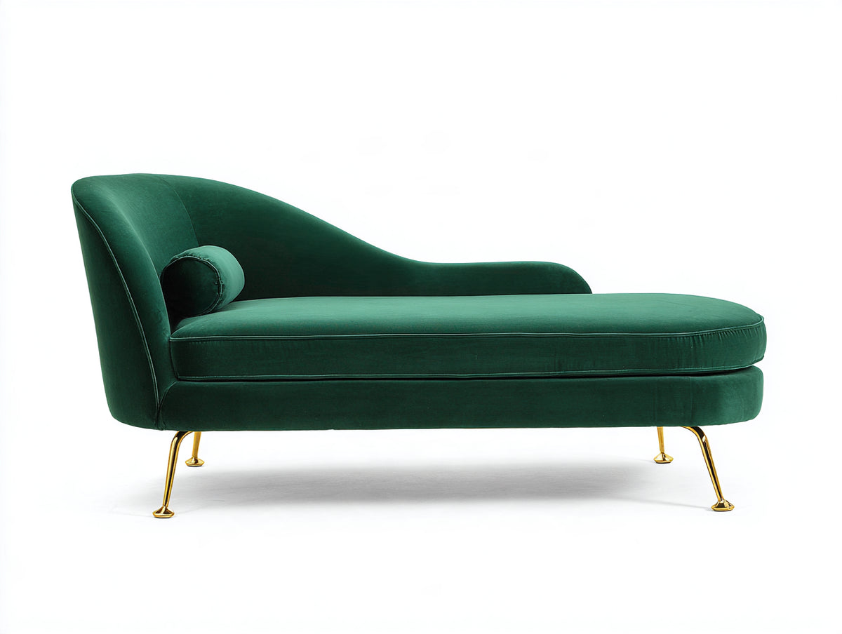 Chaise longue tapizada 175x75x85 cm - verde oscuro - diseño curvo con respaldo envolvente y patas metálicas para salón